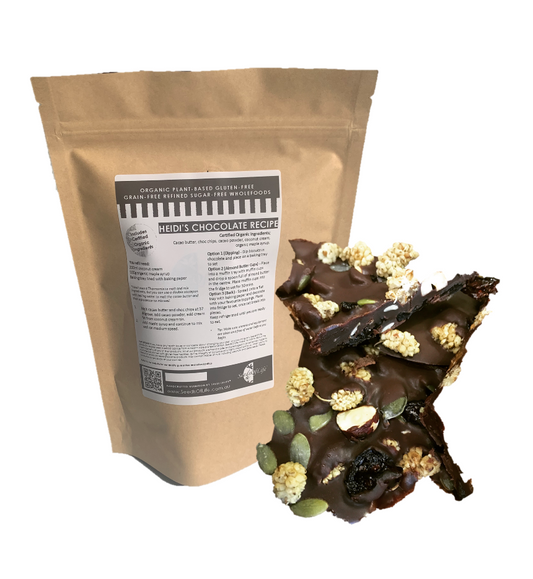 HEIDI'S RAW CHOCOLATE PREMIX FOR CHOCOLATE BARK, ALMOND BUTTER CUPS & DIPPING